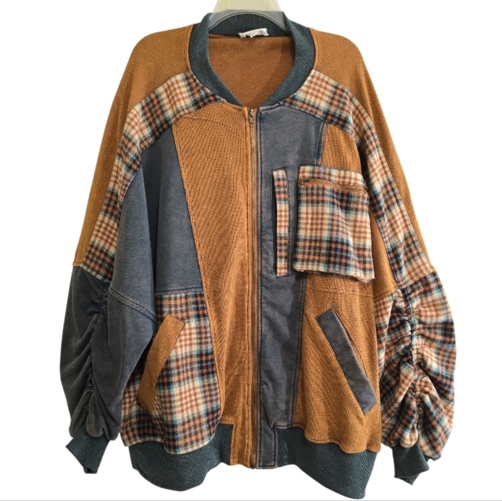 Oli & Hali Caramel Mineral Washed Waffle Relaxed Plaid Bomber Jacket Large - Picture 2 of 11
